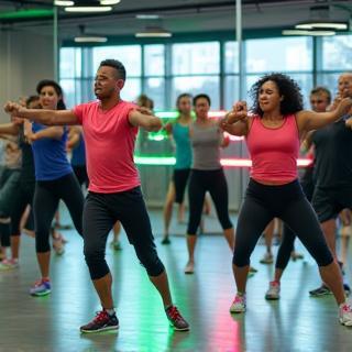 Groupe dynamique dans un cours collectif de fitness à Paris.