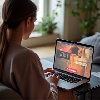 Femme suivant un programme fitness en ligne sur ordinateur à Paris.